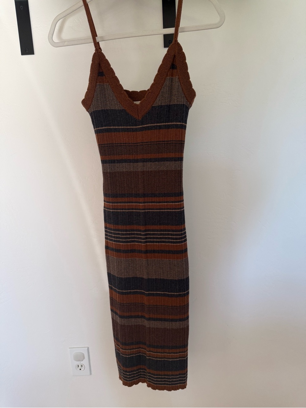 L'AGENCE Brown & Navy Striped Knit Midi Dress